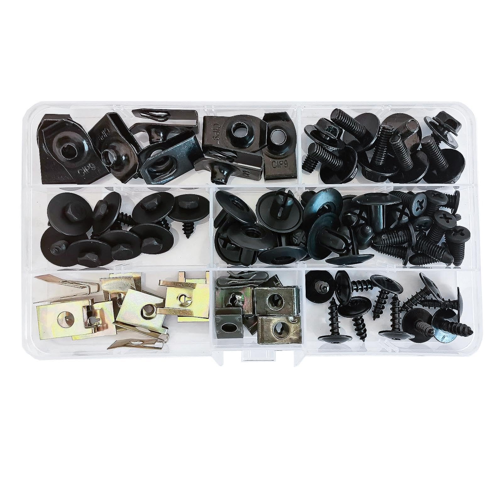 Packung mit 64 Schrauben-Mutter-Clip-Satz, Auto-Karosserie-Unterbodenschutz-Schrauben, Metall U-Typ Montage-Clip, Kotflügel-Clips, Edelstahl-Blech-Mutter-Set für Auto-Motorrad Packung mit 64 Schrauben-Mutter-Clip-Satz, Auto-Karosserie-Unterbodenschutz-Schrauben, Metall U-Typ Montage-Clip, Kotflügel-Clips, Edelstahl-Blech-Mutter-Set für Auto-Motorrad von Laluky