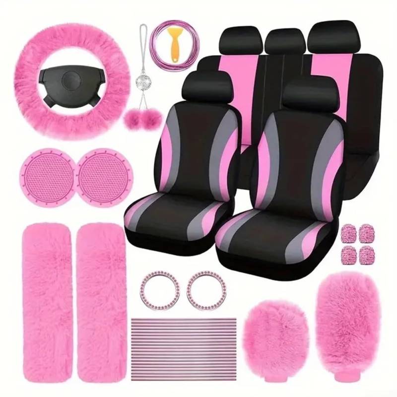 Plüsch-Lenkrad- und Schalthebelbezüge in einem kompletten Zubehör-Set, um Ihren Fahrraum zu verwandeln (Rosa) von Lastdaytime