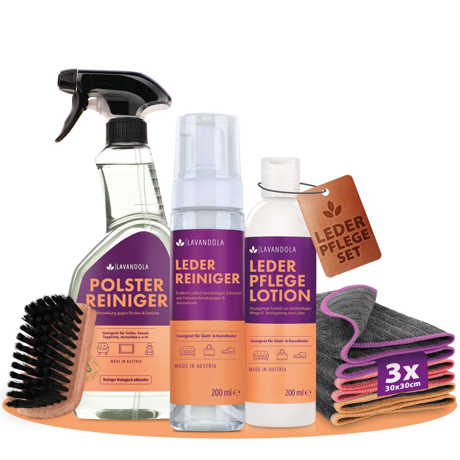 Lavandola Lederpflege Set - 1x Leder Reiniger 200ml, 1x Leder Pflege Lotion 200ml, 1x Polsterreiniger 500ml, 3X Mikrofasertücher, 1x Lederbürste - Lederreiniger Auto, Lederpflege für Ledercouch Lavandola Lederpflege Set - 1x Leder Reiniger 200ml, 1x Leder Pflege Lotion 200ml, 1x Polsterreiniger 500ml, 3X Mikrofasertücher, 1x Lederbürste - Lederreiniger Auto, Lederpflege für Ledercouch von Lavandola