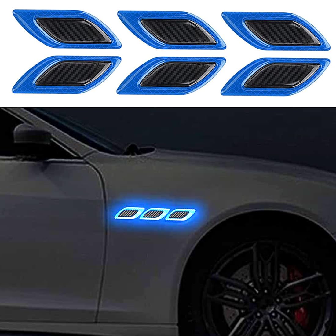6 Stück 3D Hochreflektierende Streifen Aufkleber für Auto Kotflügel Motorhaube Stoßstange Hohe Intensität Nachtsicht Aufkleber Sicherheitswarnung Karbonfaser Universal für Auto (Blau) von Lcxecnw