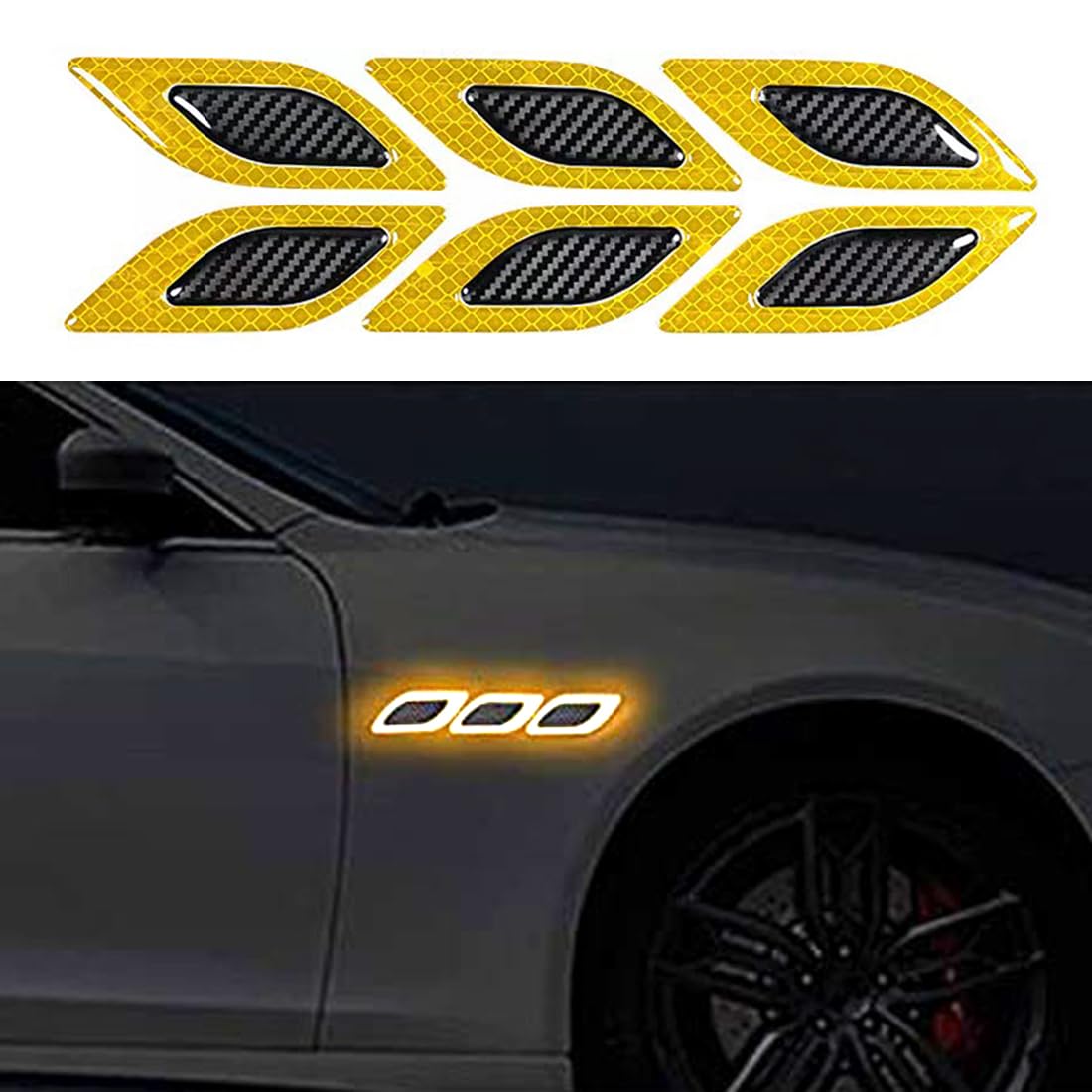 6 Stück 3D Hochreflektierende Streifen Aufkleber für Auto Kotflügel Motorhaube Stoßstange Hohe Intensität Nachtsicht Aufkleber Sicherheitswarnung Karbonfaser Universal für Auto (Gelb) von Lcxecnw