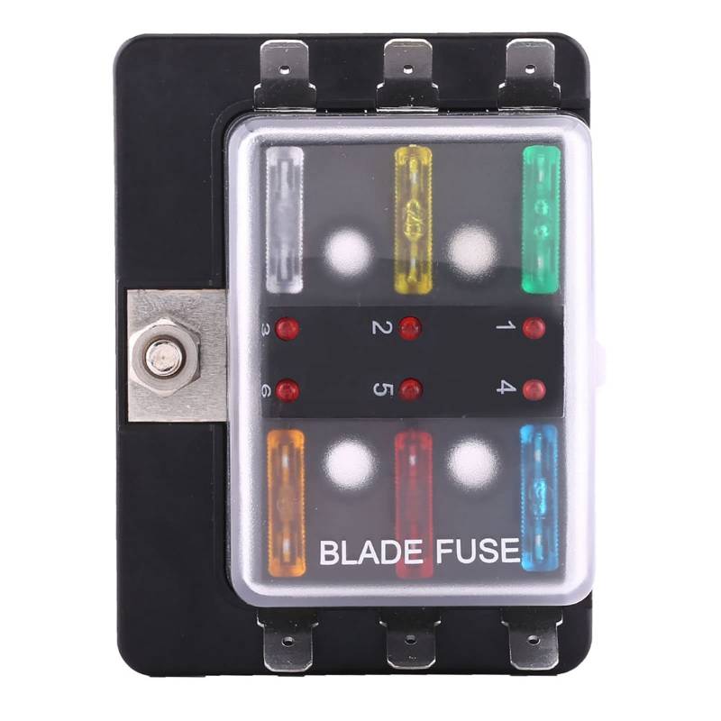 6 -Wege -Schaltung Blatt Sicherungskastenblockhalter mit LED -Warnleuchten für Auto Van -Boot Marine transparente Kunststoffabdeckung Schwarz PA66 Basis Clear PC -Abdeckung 6 von Ldafava
