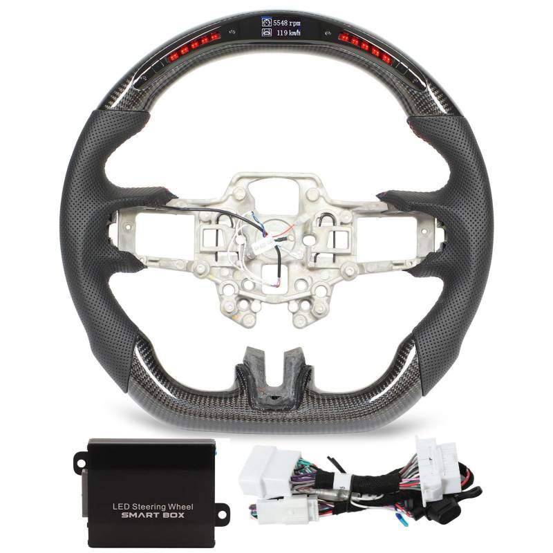 LED Carbon Faserlenkrad Lenkrad Perforiertes Leder Flachboden Design Multifunktionales Lead -Schaltlichter Display für EcoBoost 2018 2022 GT Shelby GT350 GT350R Rennfahrzeuge (Rote Nähte) von Ldafava
