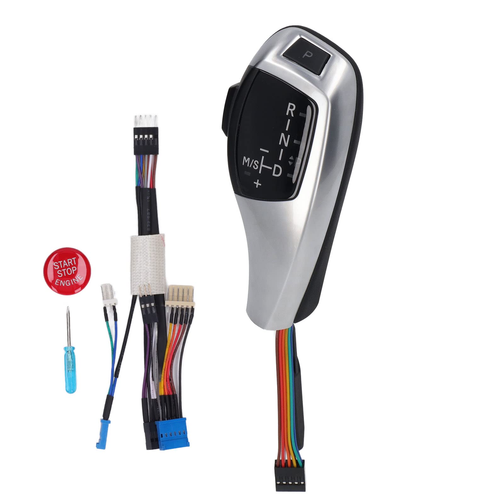 LED-Schaltknauf, Schalthebelkopf, Nachrüstsatz mit Motor-Start-Stopp-Taste für 5er-Reihe E39, 7er-Reihe E38, X5 E53, Linkslenker, PU-Leder, Kunststoff, F-Reihe-Stil (Elektrosilberung) von Ldafava
