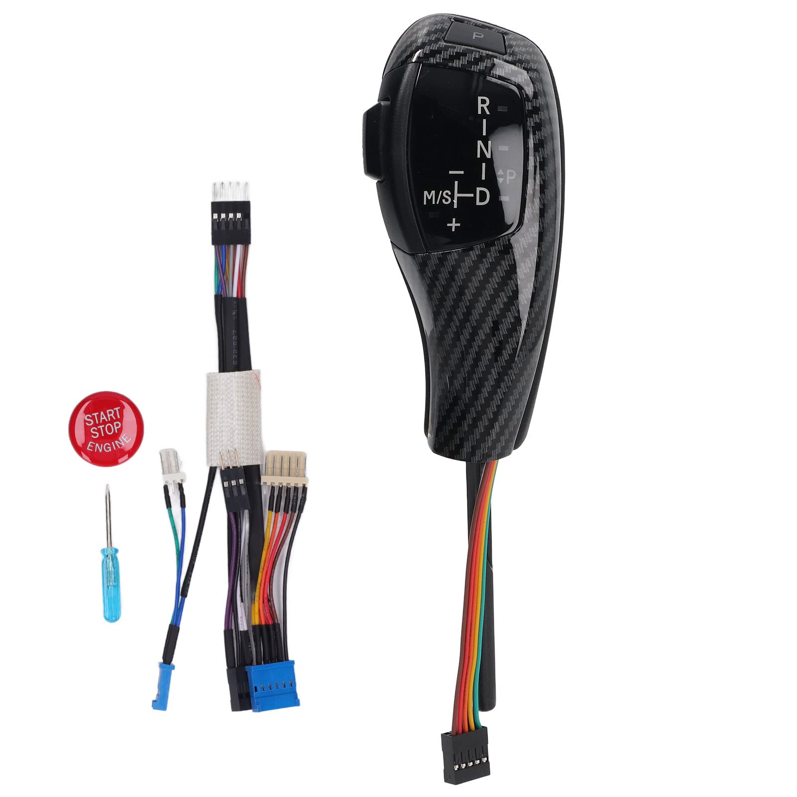 LED-Schaltknauf, Schalthebelkopf, Nachrüstsatz mit Motor-Start-Stopp-Taste für 5er-Reihe E39, 7er-Reihe E38, X5 E53, Linkslenker, PU-Leder, Kunststoff, F-Reihe-Stil (Kohlefaserstil) von Ldafava