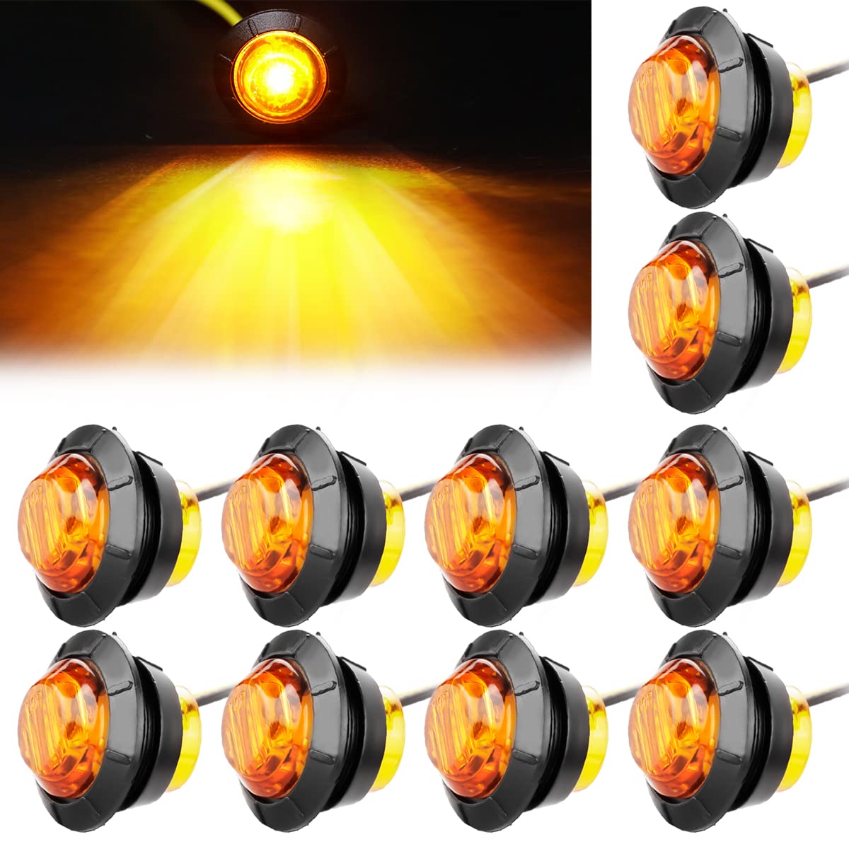 LeKaufen 10 Stück 3/4" Auto Runde LED Seitenleuchten 1,9cm Seitenmarkierungsleuchten 12V 24V Kontrollleuchte Begrenzungsleuchten Positionsleuchten für Lastwagen Anhänger Wohnmobile Wohnwagen (gelb) von LeKaufen