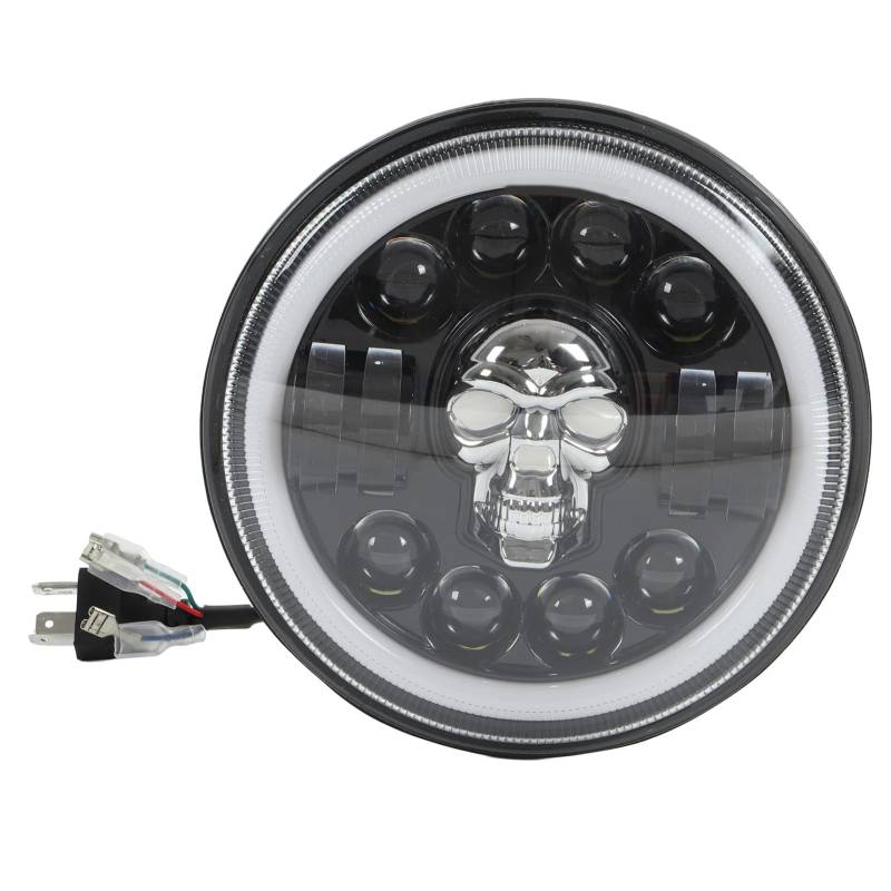 Leapiture 7-Zoll-Motorradscheinwerfer, runder Motorradscheinwerfer, LED-Angel-Eye-Scheinwerfer, Totenkopfkopfmuster, weiße Beleuchtung für die universelle Motorradmodifikation von Leapiture