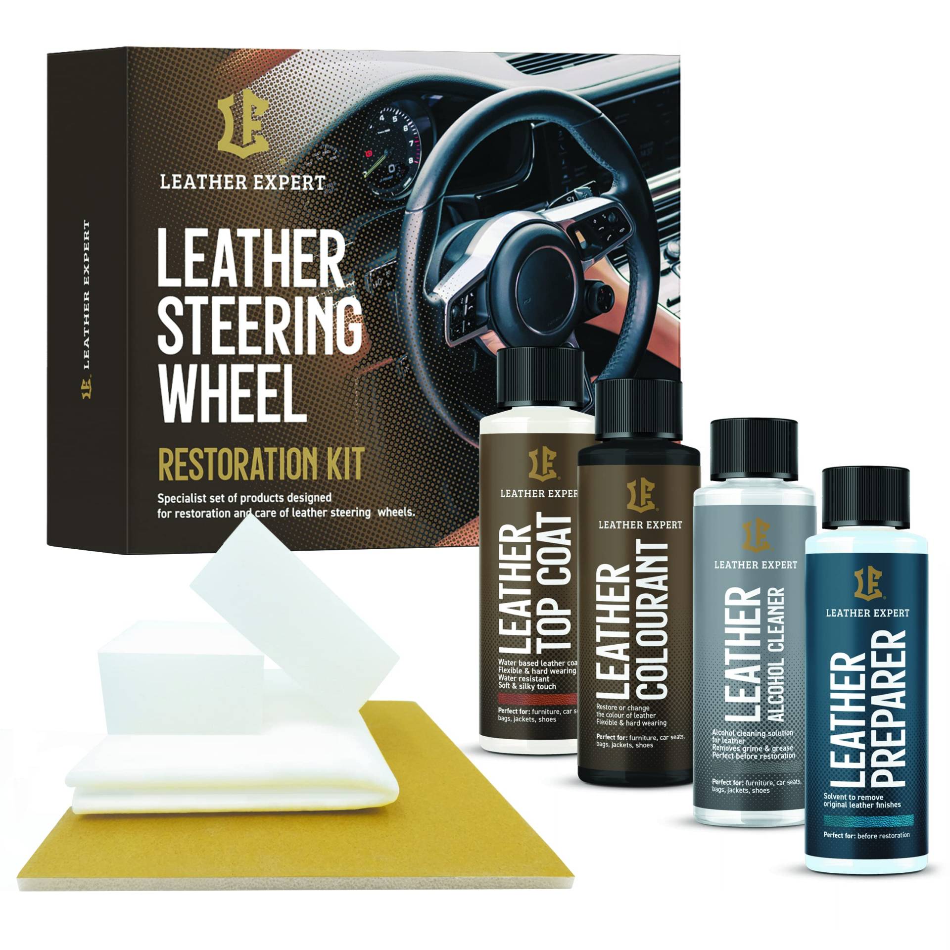 Lederlenkrad Pflege und Renovierung Set - Lederlenkrad Aufbereitung Auto Set für Autobesitzer – mit Lederfarbe, Lederlack, Cleaner, Preparer 50 ml - mit Zubehör - Lederpfelge Auto Set von Leather Expert