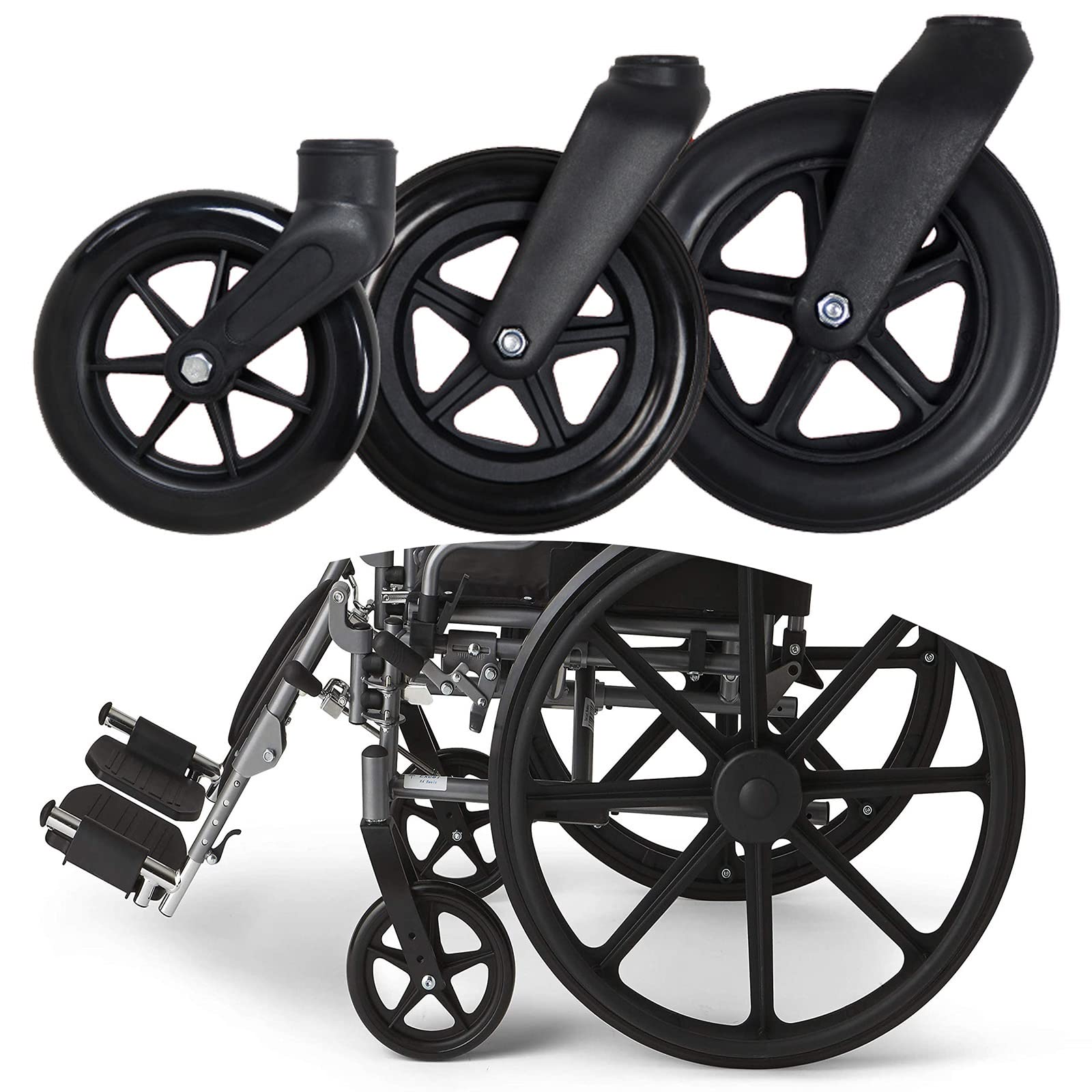 LecMy Rollstuhl-Lenkrad, 6-Zoll-Anti-Rutsch-Gummi-Ersatzrollen, Vollgummi-Vorderrolle Für Rollstühle, Rollatoren, Gehhilfen/8 Zoll von LecMy