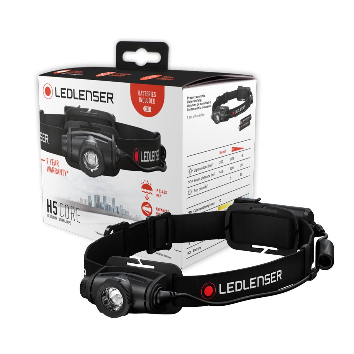 Ledlenser H5 Core Stirnlampe LED, 350 Lumen, wasserdicht IP67, fokussierbar, schwenkbar, stufenlos dimmbar, 2xAA batteriebetrieben, Leuchtweite 160m, inkl. Batterien, Headlamp von Ledlenser