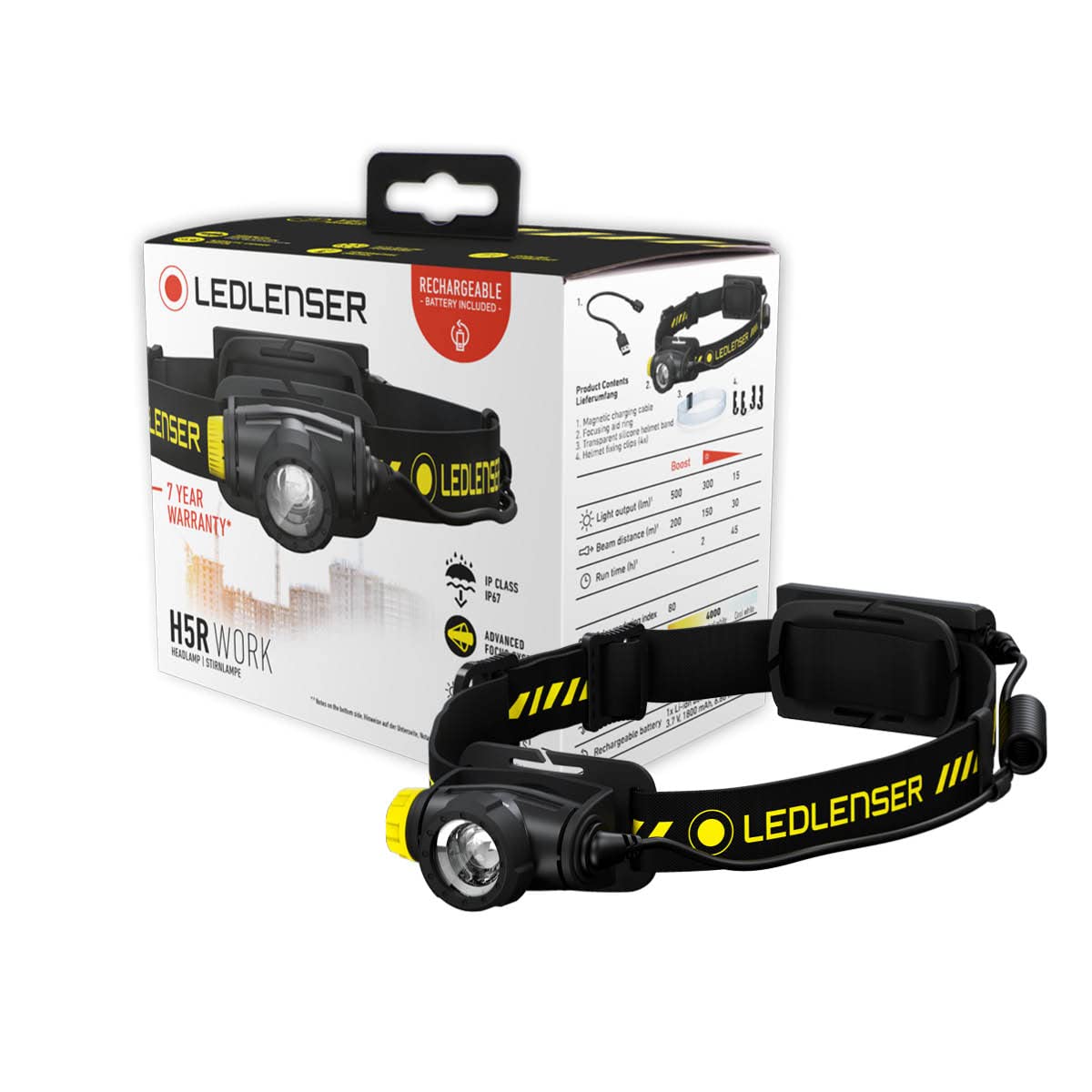 Ledlenser H5R Work Robust Stirnlampe LED, aufladbar mit Lithium Akku, wasserdicht IP67, 500 Lumen, high CRI, fokussierbar, stufenlos dimmbar, Leuchtweite 200m, mit Helmclips, USB Magnetladekabel von Ledlenser