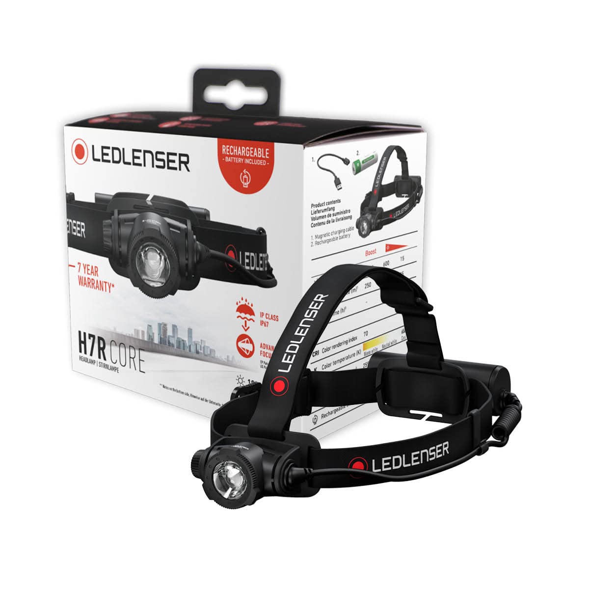 Ledlenser H7R Core Stirnlampe LED, 1000 Lumen, aufladbar mit Lithium Akku, wasserdicht IP67, fokussierbar, stufenlos dimmbar, Constant Light, Leuchtweite 250m, USB Magnetladekabel, Headlamp Kopflampe von Ledlenser