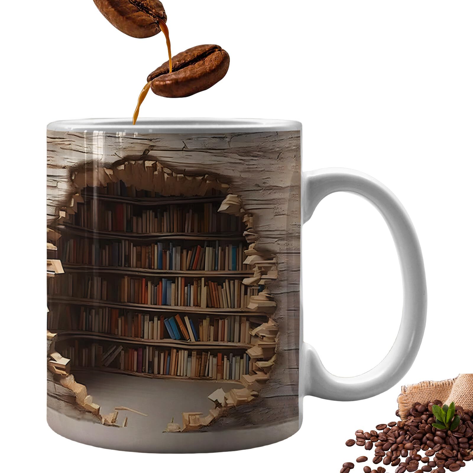 Leikurvo 3D-Bücherregal-Tasse, Buch-Keramik-Kaffeetasse, Bücherregal Reisebecher, Teebecher Milchbecher Porzellan Knochenbecher Neuheit Sprüche Buchliebhaber Becher für Glühgetränke von Leikurvo