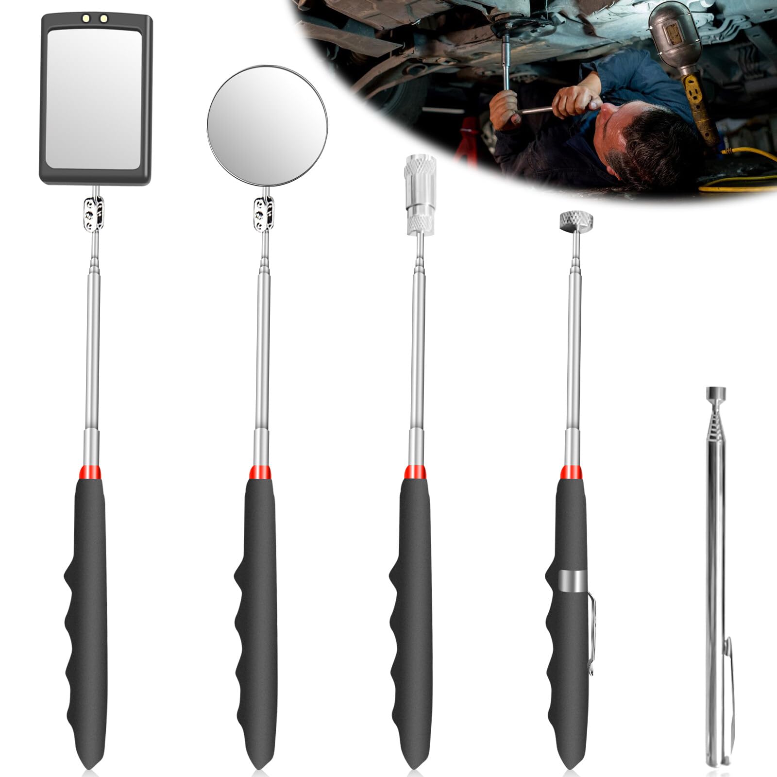 Leikurvo 5 Stück Versenkbar Inspektionsspiegel Kit: Teleskopspiegel Teleskop Magnet Werkzeug mit LED Lampe, Quadratisch und Runder Inspektionsspiegel Teleskopgriff 360 Drehbar Pick up Tool Set von Leikurvo