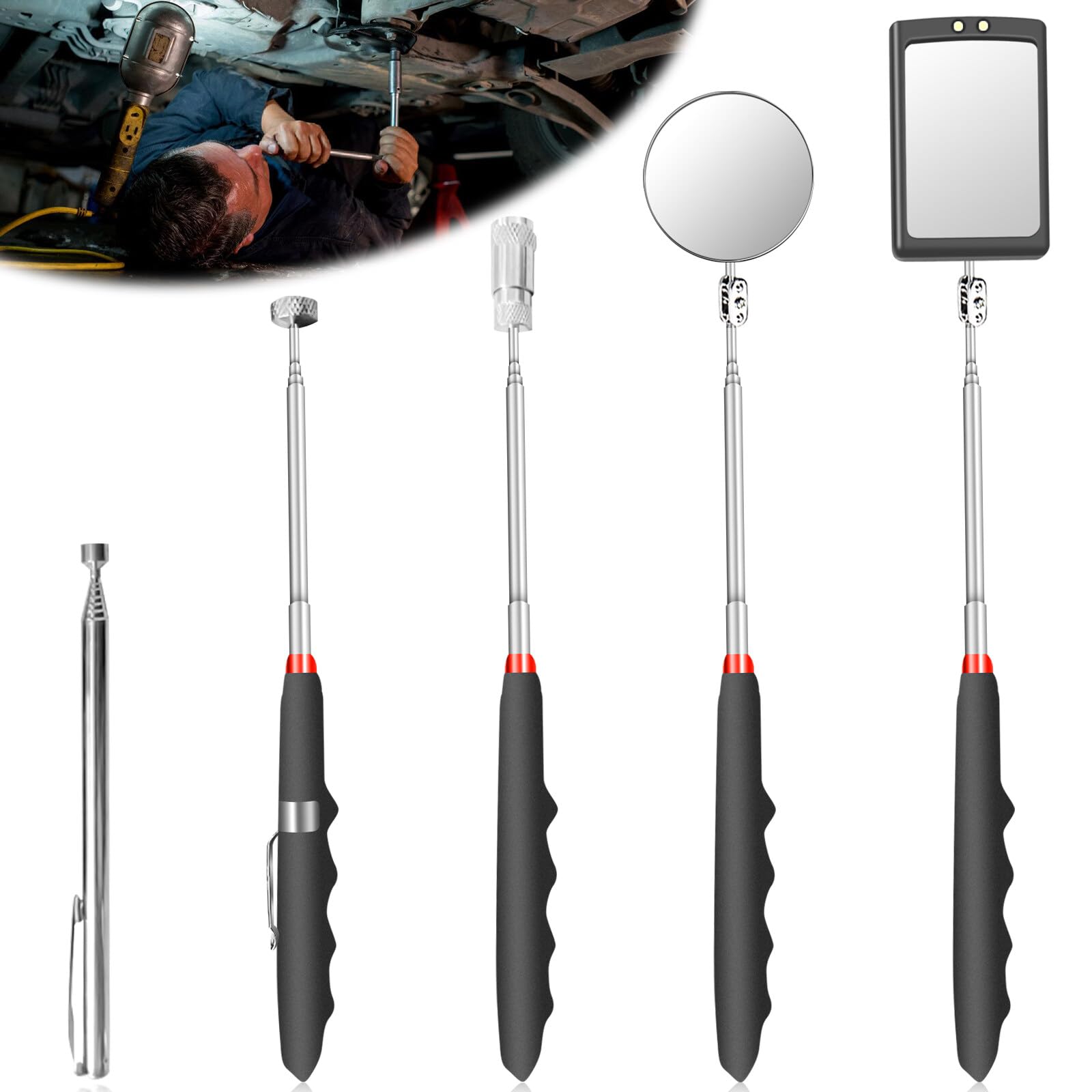 Leikurvo 5er-PackVersenkbar Inspektionsspiegel Kit: Teleskopspiegel Teleskop Magnet Werkzeug mit LED Lampe, Quadratisch und Runder Inspektionsspiegel Teleskopgriff 360 Drehbar Pick up Tool Set Leikurvo 5er-PackVersenkbar Inspektionsspiegel Kit: Teleskopspiegel Teleskop Magnet Werkzeug mit LED Lampe, Quadratisch und Runder Inspektionsspiegel Teleskopgriff 360 Drehbar Pick up Tool Set von Leikurvo