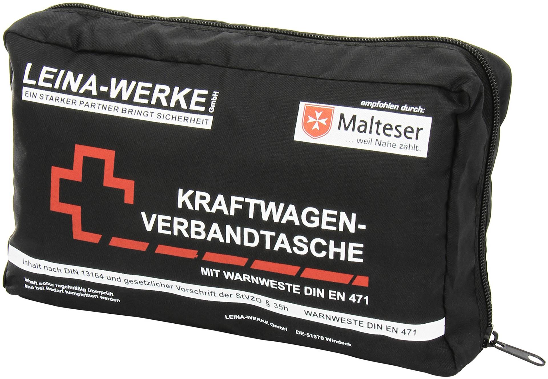 Leina-Werke 11030 KFZ-Verbandtasche Compact mit Warnweste und Klett, Schwarz/Weiß/Rot von LEINA-WERKE