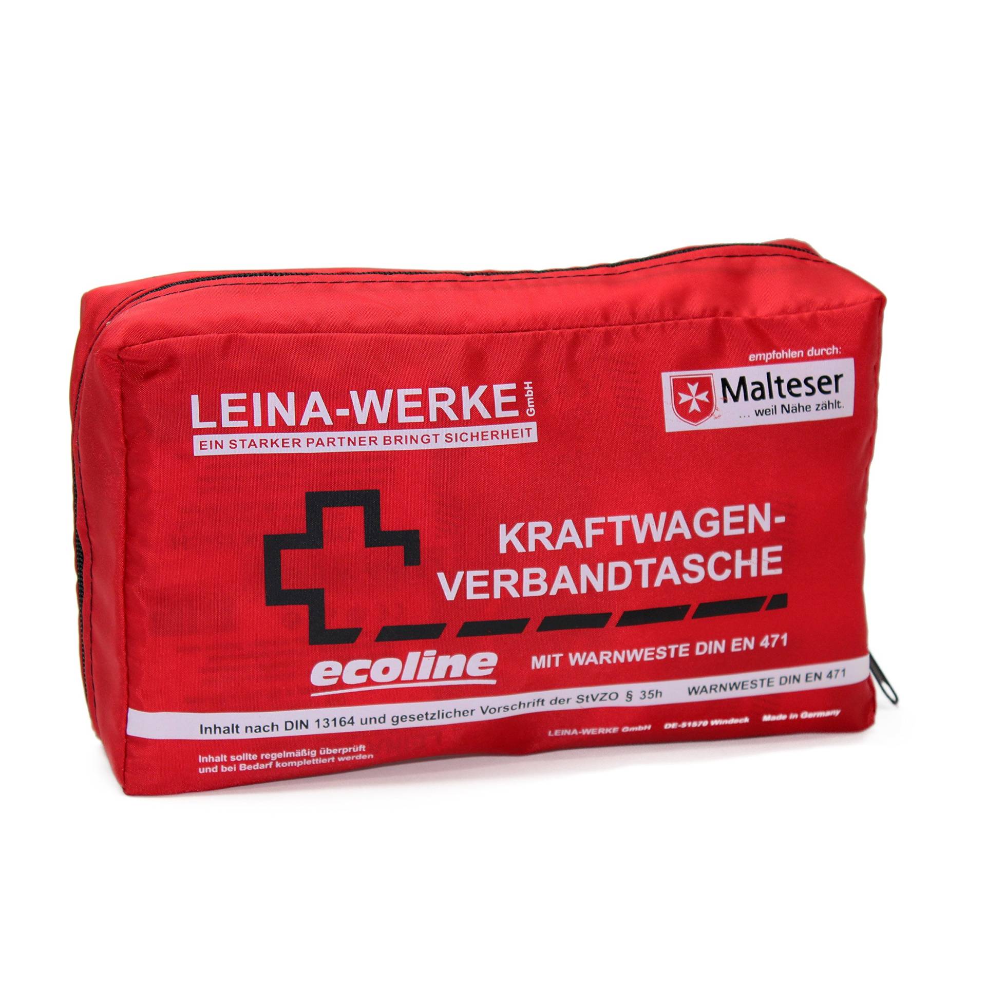 Leina-Werke 11056 KFZ-Verbandtasche Compact mit Warnweste Ecoline ohne Klett, Rot/Schwarz/Weiß von LEINA-WERKE