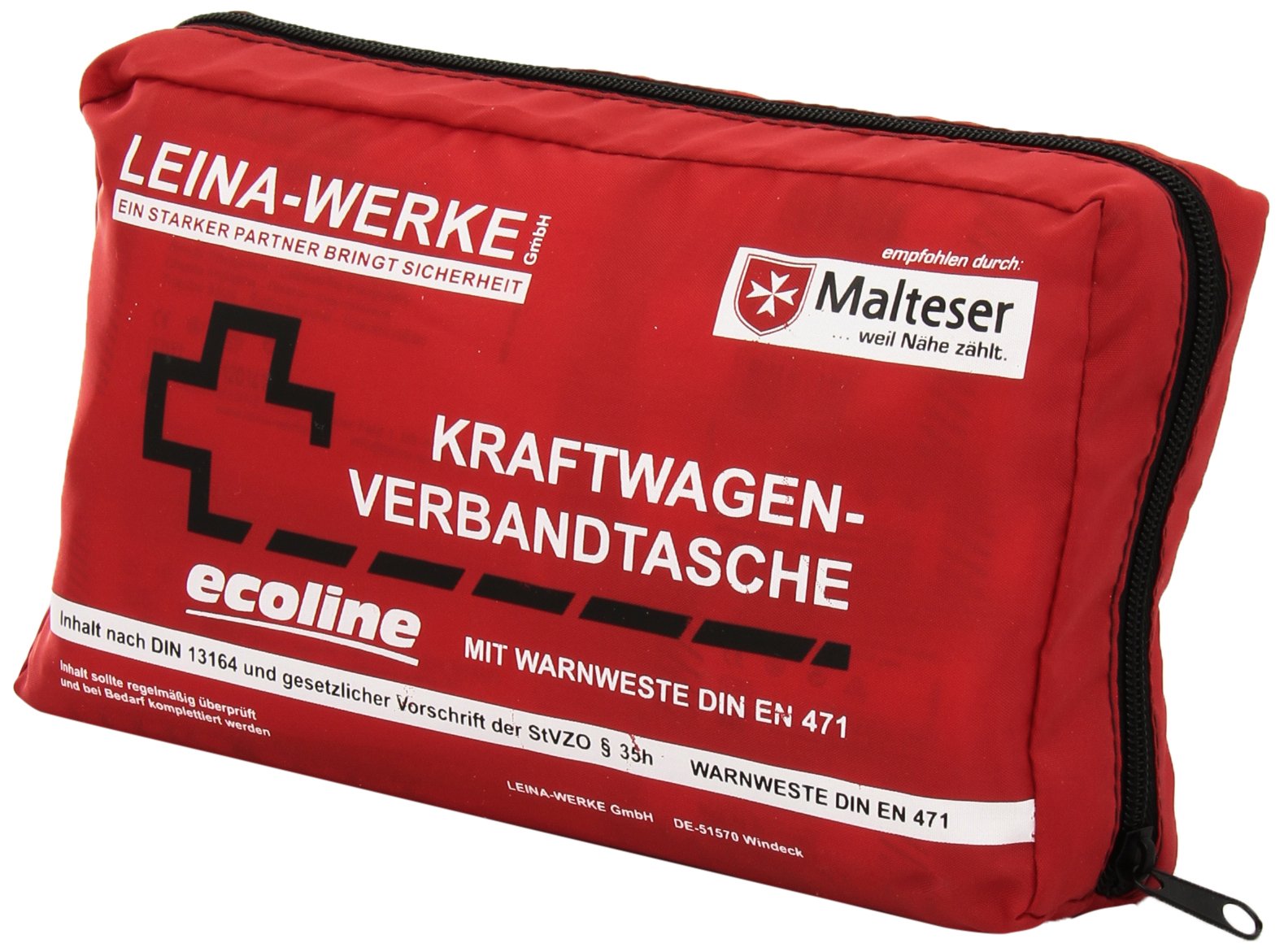 Leina-Werke 11060 KFZ-Verbandtasche Compact Ecoline mit Warnweste und Klett, Rot/Schwarz/Weiß von LEINA-WERKE