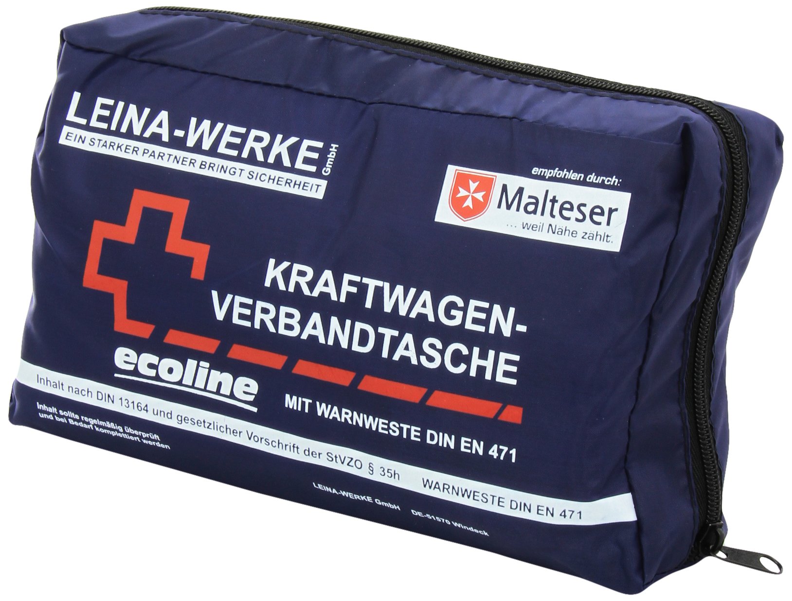 Leina-Werke 11061 KFZ-Verbandtasche Compact Ecoline mit Warnweste und Klett, Blau/Weiß/Rot von Leina-Werke