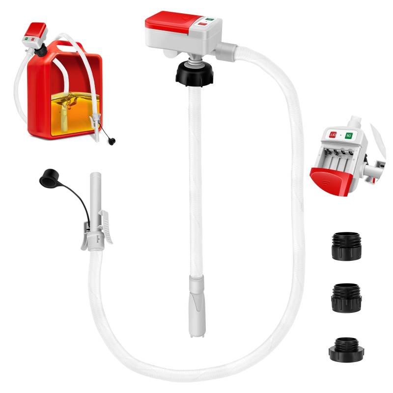 Kraftstoff umfüllpumpe mit Auto-Stopp-Sensor-2.4 GPM, 52“ Schlauch Automatische Umfüllpumpe mit 3 Tankadaptern, USB und Batteriebetriebene Tragbare Flüssigkeitspumpe für Öl, Benzin, Diesel von Leiortufa