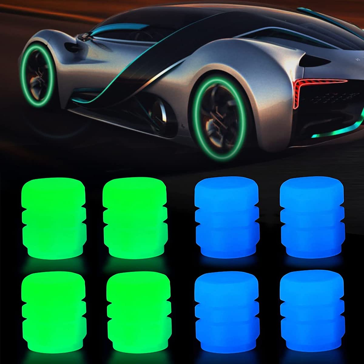 Universal Autoreifen Ventilkappen, Fluoreszierende Autoreifen, Leuchtende Ventilkappen Auto, Universal Reifen Ventilschaftabdeckung für Fahrrad Motorrad Auto (4 grün+4 blau) von Lerkely