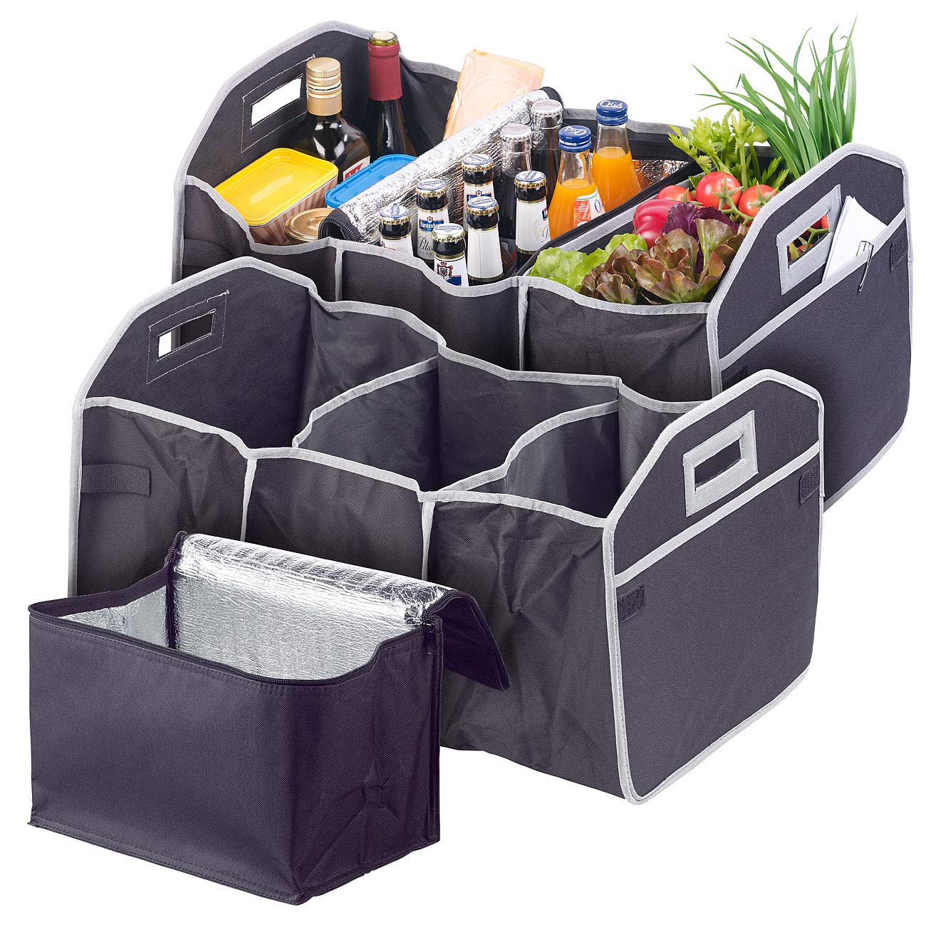 Lescars Kofferraum-Tasche: 2er-Set 2in1-Kofferraum-Organizer mit 3 Fächern & Kühltasche, faltbar (Auto Kofferraum-Organizer, Auto-Organizer mit Kühltasche, Car) von Lescars