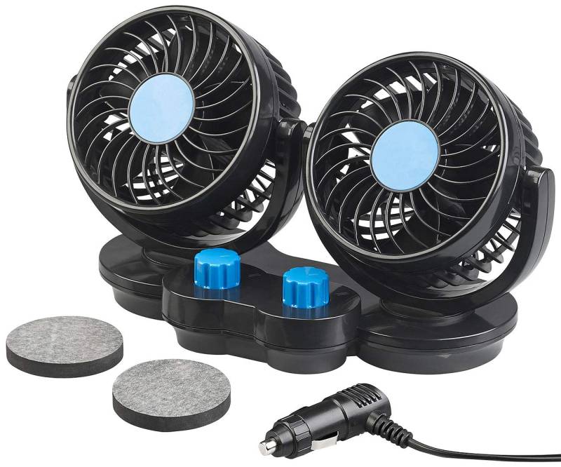 Lescars Ventilator 12 Volt: Kfz-Doppel-Ventilator für 12-V-Anschluss, mit 2 Stufen, 6,5 Watt (Auto Innenraum, Lüfter 12V, Zubehör) von Lescars