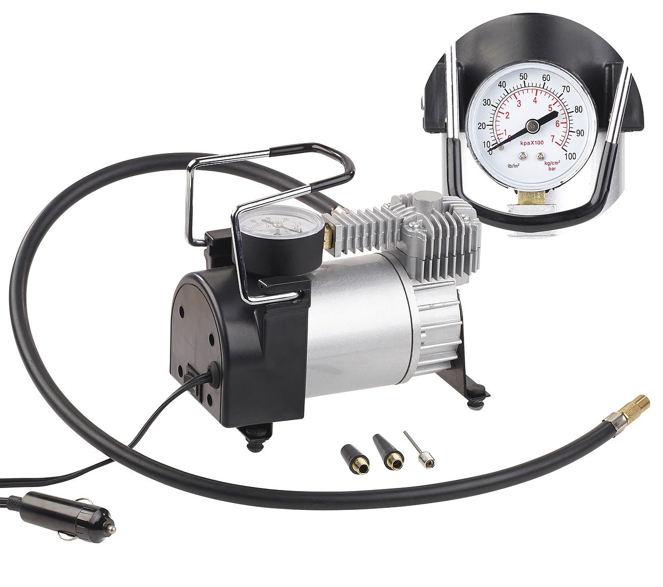 Lescars Mini-Luft-Kompressor mit Manometer, 12 V, 100 psi, 168 Watt, 3 Adapter von Lescars