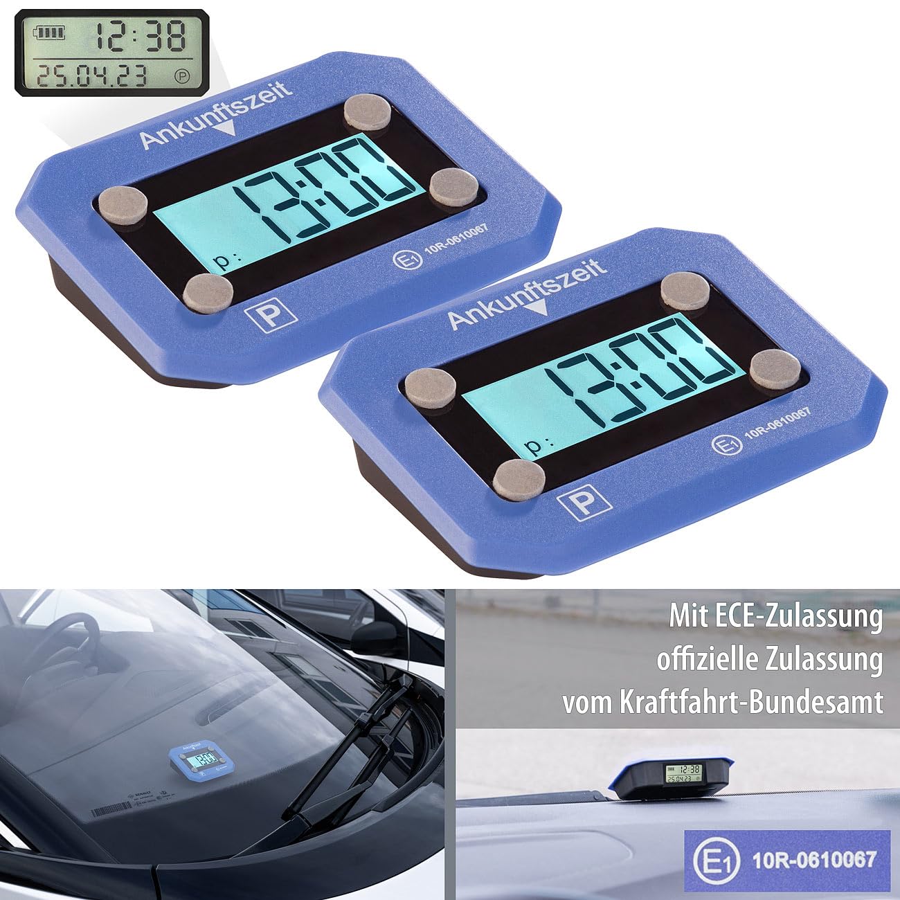 Lescars Elektronische Parkuhr: 2er-Set ultrakompakte, Digitale e-Parkscheiben mit ECE-Zulassung (Elektrische Parkscheibe, Elektrische Parkuhr, Windschutzscheibe) von Lescars