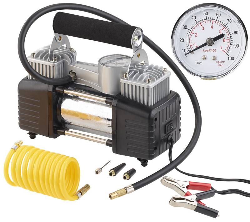 Lescars Luftkompressor 12 Volt: Mobiler Luft-Kompressor, Manometer, 12 V, 100 psi, 288 Watt, 3 Adapter (12V Kompressor, Volt, Zigarettenanzünder) von Lescars