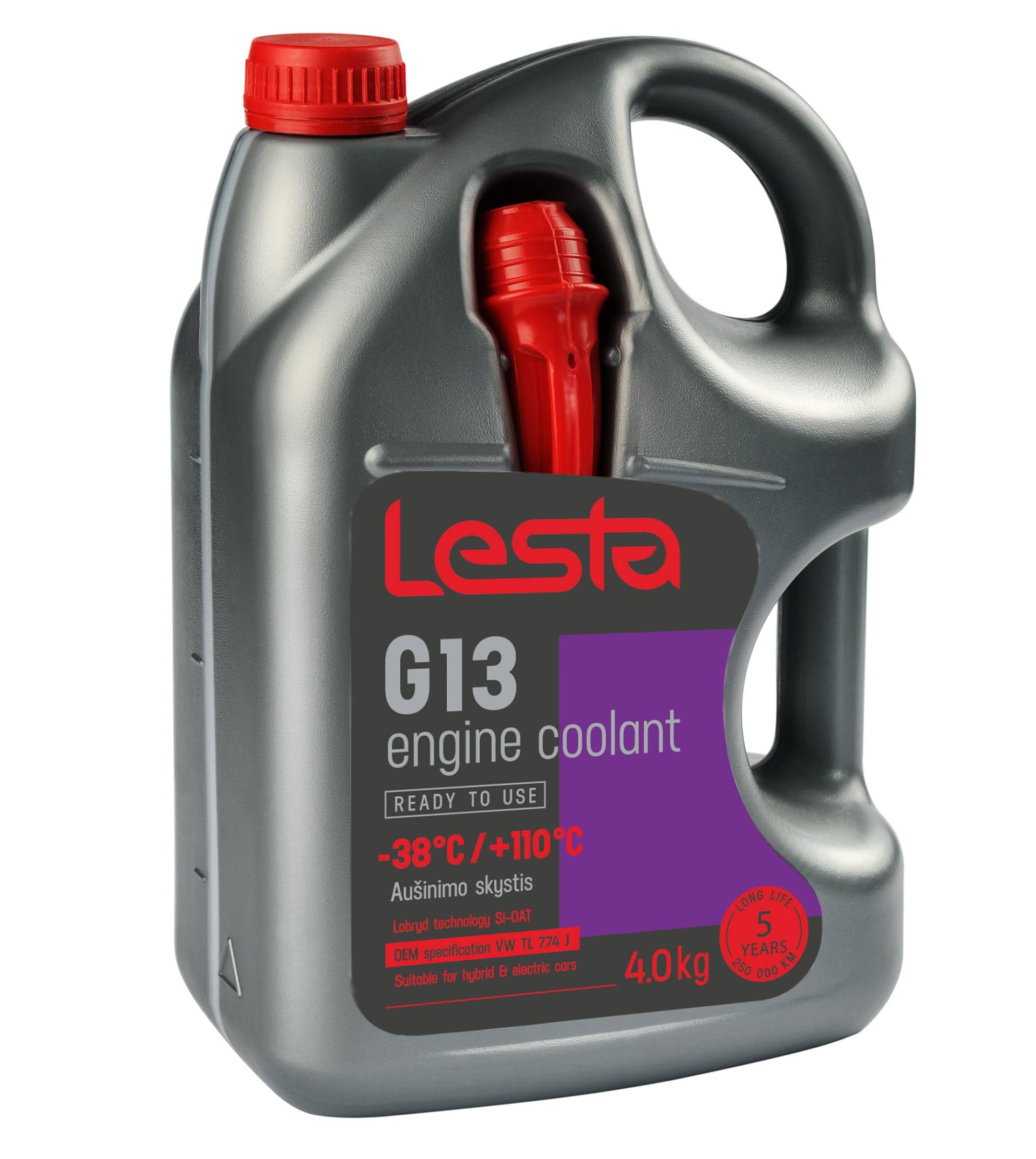 Lesta G13 Motorkühlmittel Geeignet für Hybrid und Elektroautos | Lobrid Technology SI-Oat | Kühlflüssigkeit 5 Jahre bis -38 °C | Schützt den Motor vor Einfrieren, Überhitzung und Korrosion | 4L von Lesta
