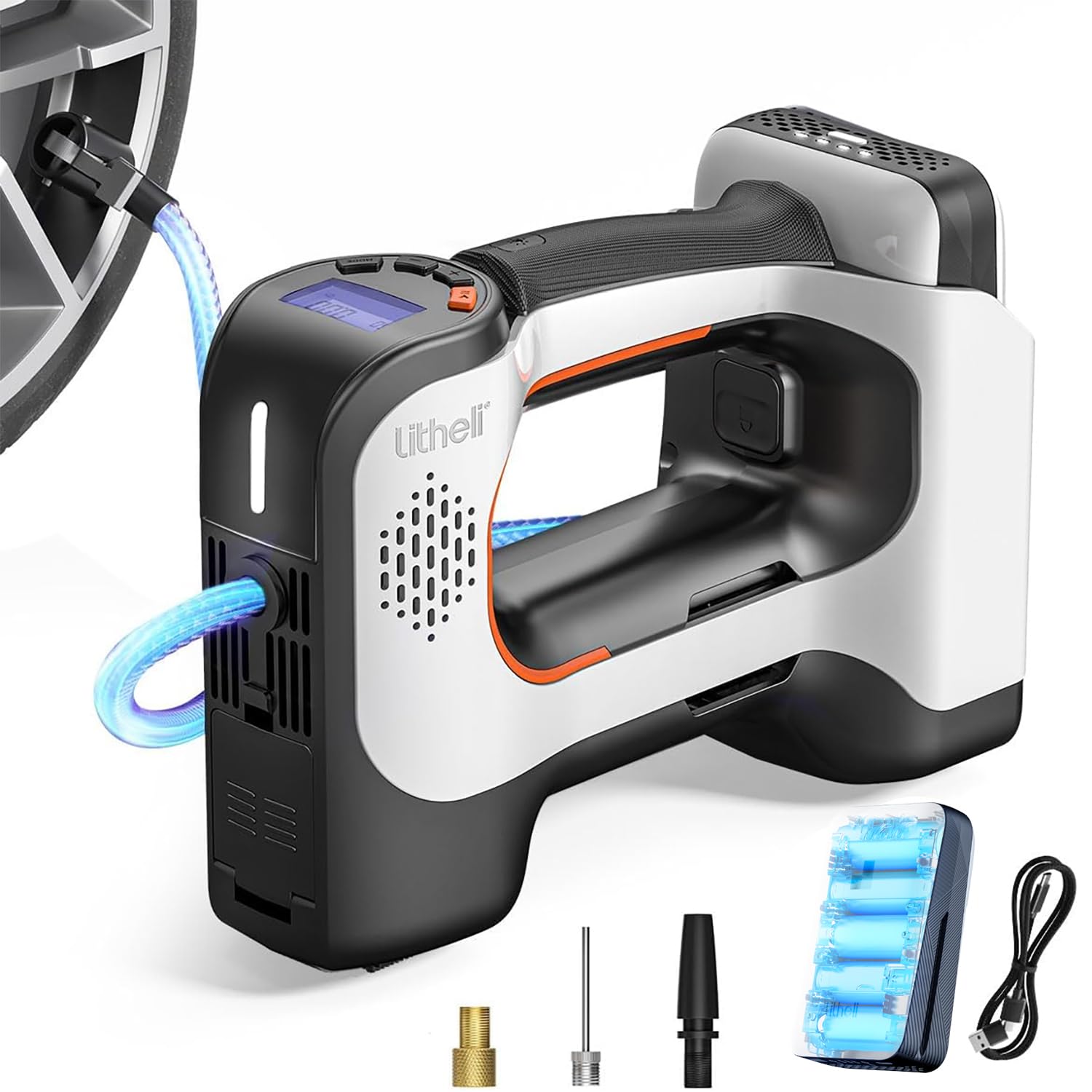 Litheli Elektrische Luftpumpe, Tragbare Akku Luftpumpe mit 10000mAh Akku Digitalanzeige und LED Kompressor, für Auto Motorräder Fahrräder Bälle Litheli Elektrische Luftpumpe, Tragbare Akku Luftpumpe mit 10000mAh Akku Digitalanzeige und LED Kompressor, für Auto Motorräder Fahrräder Bälle von LiTHELi