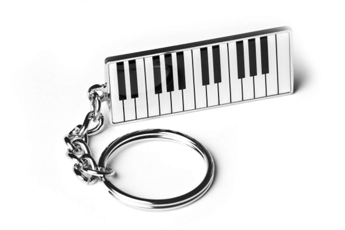Libero Designs Klavier-Keyboard-Schlüsselanhänger aus silberfarbenem Metall und robustem Kunstharz, in luxuriöser Geschenktasche von Libero Designs