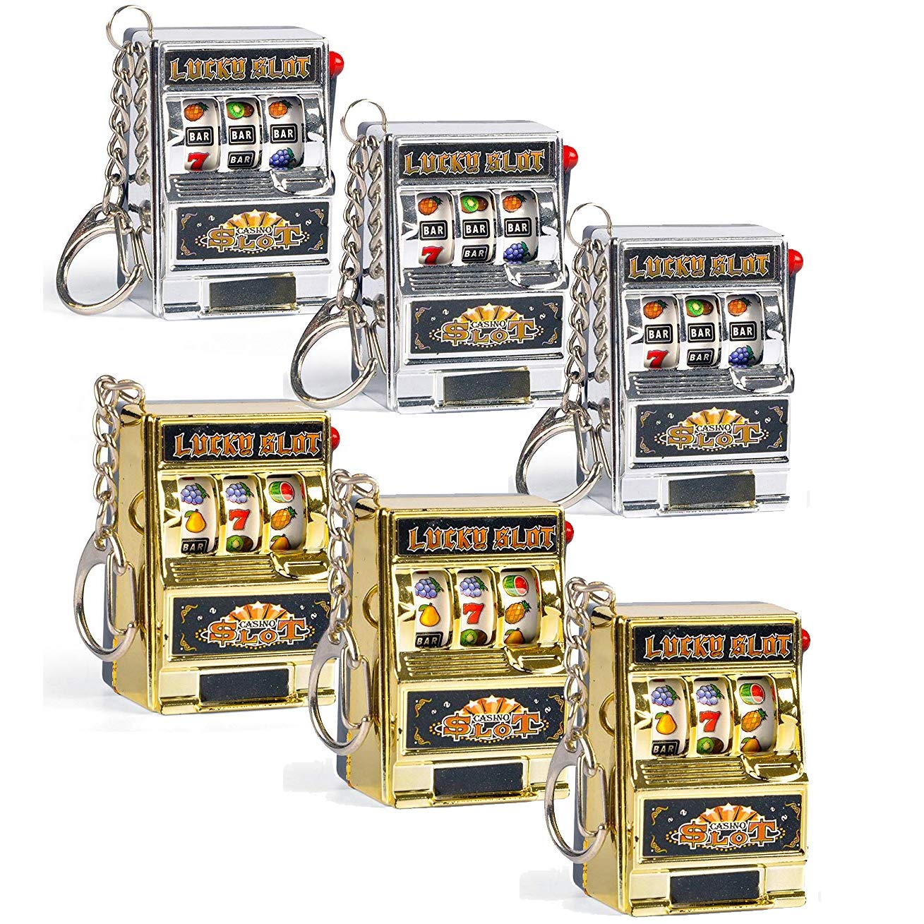 Liberty Imports 6-teiliges Mini-Casino-Spielautomaten-Schlüsselanhänger-Set – Las Vegas-Souvenirs, Glücksjackpot-Charm-Anhänger, Neuheit, Gaming-Geschenke für Casino-Liebhaber, metallisch, Mini von Liberty Imports