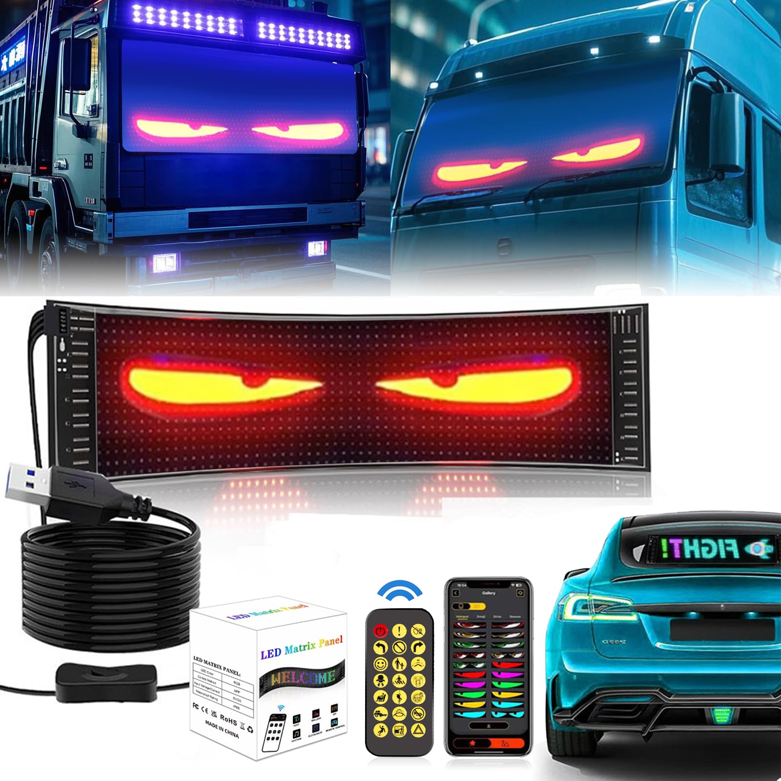 Devil Eyes Light For Cars LED Eyes for Trucks Car Window DIY Car Dynamic LED Smart Colourful Eye Lamp Soft Screen Led augen für lkw frontscheibe Smart App Bluetooth USB (92 * 374mm) von Lihaian