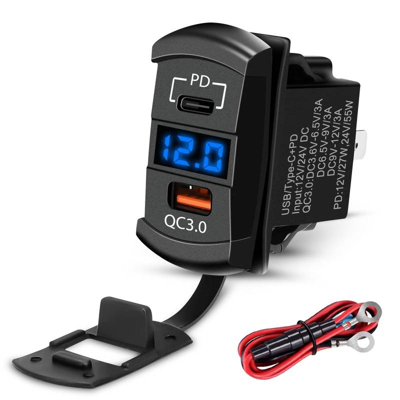 12V USB Steckdose, USB Ladegerät USB C Autoladegerät und Quick 3.0 Adapter PD Charge Panel Motorrad USB Ladegerät Wasserdicht Blau Led Digital Voltmeter auf Marine Boot Fahrzeug LKW von Linkstyle