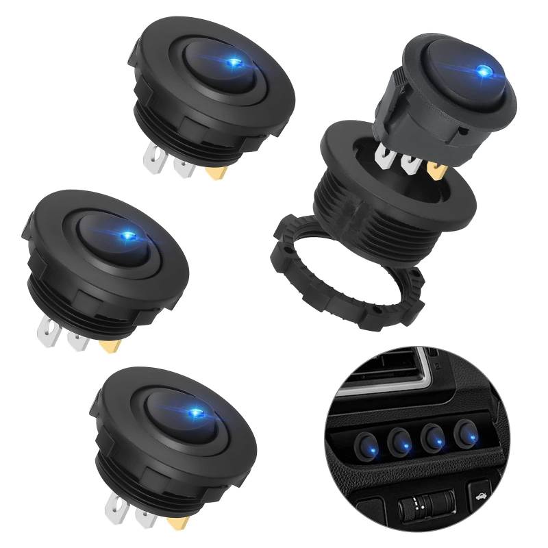 Linkstyle 4Pcs Kippschalter 12V, 3 Pin Rund EIN/AUS Schalter mit LED Licht, 20A Selbsthemmung Wippschalter für Auto Boot Yacht RV von Linkstyle
