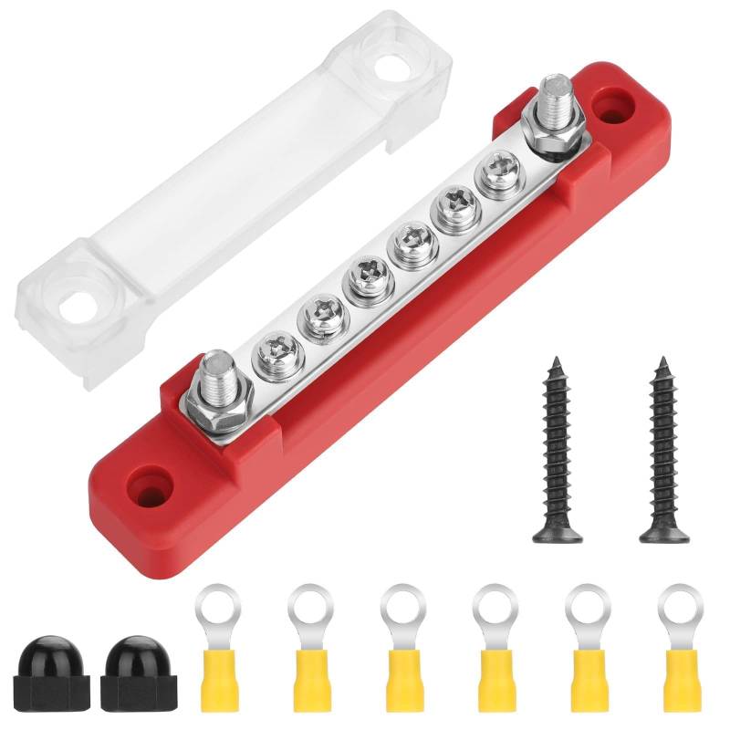 Linkstyle 150A Sammelschienen Verteilerblock mit 2 M6-Bolzen 6 M4-Schraubenklemmen, 12V-48V DC Metallklemmen Erdungsstreifen, Sammelschienenblock, für Auto Wohnmobil Yacht Schiff von Linkstyle