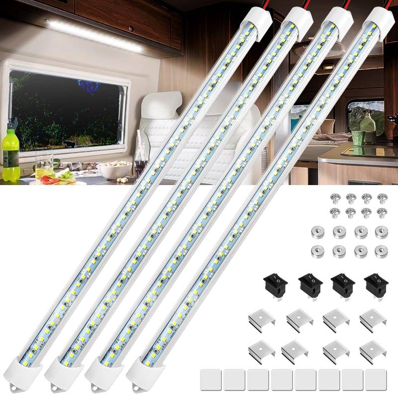 Linkstyle Innen LED Lichtleiste 12V 48 LEDs InnenLichtleiste Universal weiße LED Lichtleiste mit Schalter für PKW LKW Wohnmobil RV FrachtbootSchrank beiliegender Anhänger (4PCS) von Linkstyle