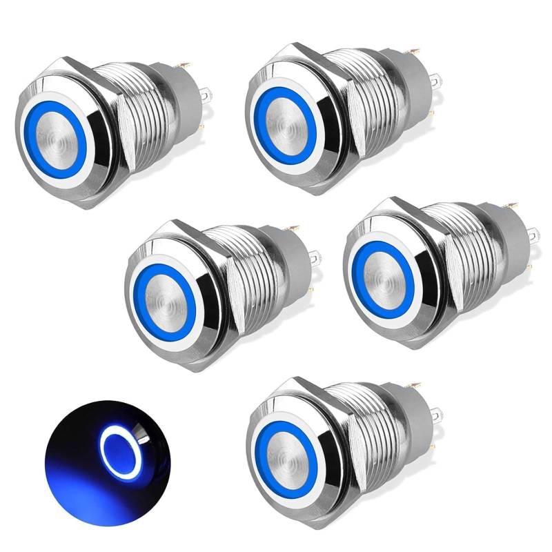 Linkstyle 16mm Einrastende Druckknopfschalter, wasserdichte Metall SPST ON/Off Runde Beleuchtete Schalter für 12V/24V Auto Marine RV, 5Pcs von Linkstyle