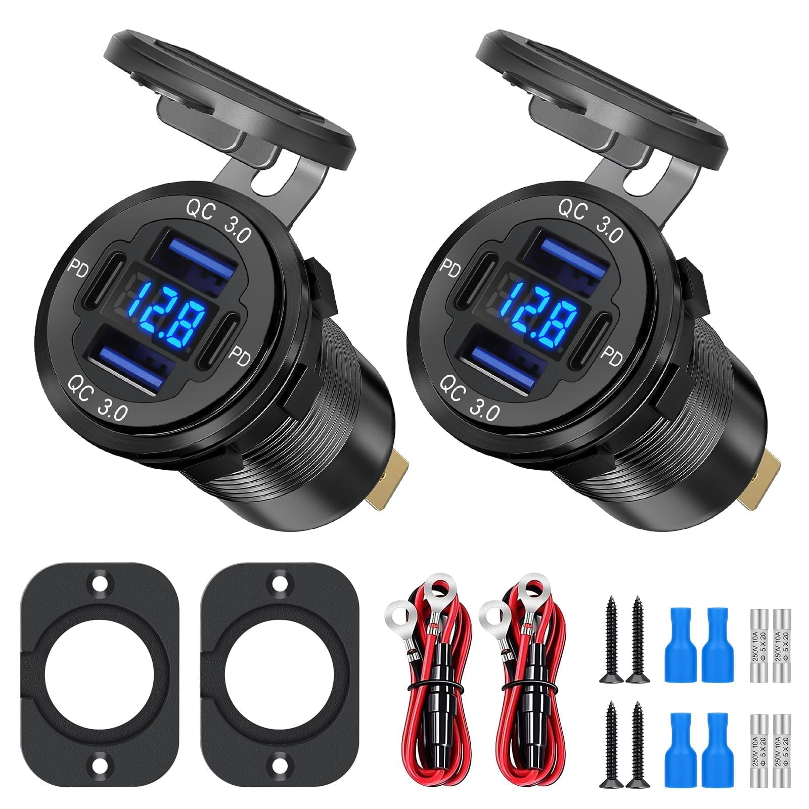 Linkstyle 2er Set Auto USB Ladeanschluss, Dual 18W QC3.0 USB-A & Dual 30W PD Type-C mit LED Spannungsmesser für 12V/24V Wohnmobil und Boot von Linkstyle