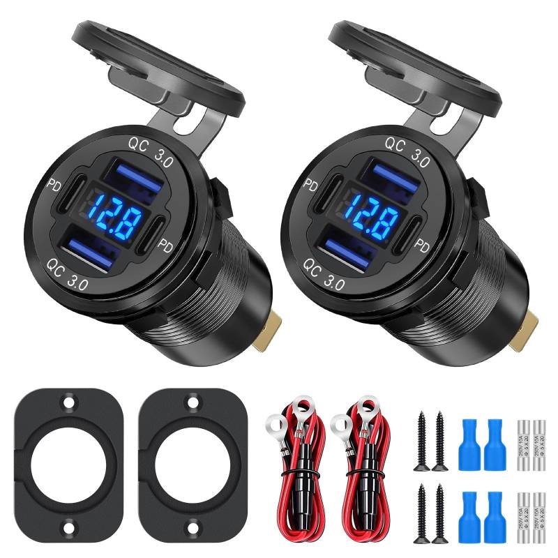 Linkstyle 2er Set Auto USB Ladeanschluss, Dual 18W QC3.0 USB-A & Dual 30W PD Type-C mit LED Spannungsmesser für 12V/24V Wohnmobil und Boot von Linkstyle