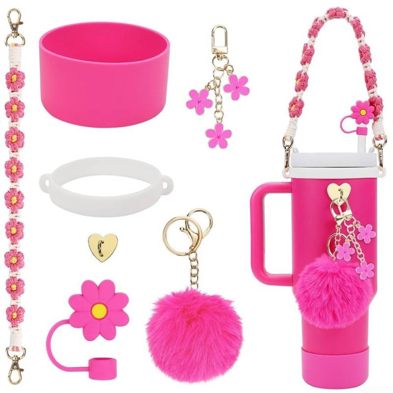 Funktionales Silikon-Zubehör für Wasserbecher mit buntem Blumen-Schlüsselanhänger (Rosarot) für 850 ml und 1134 ml von Lioaeust