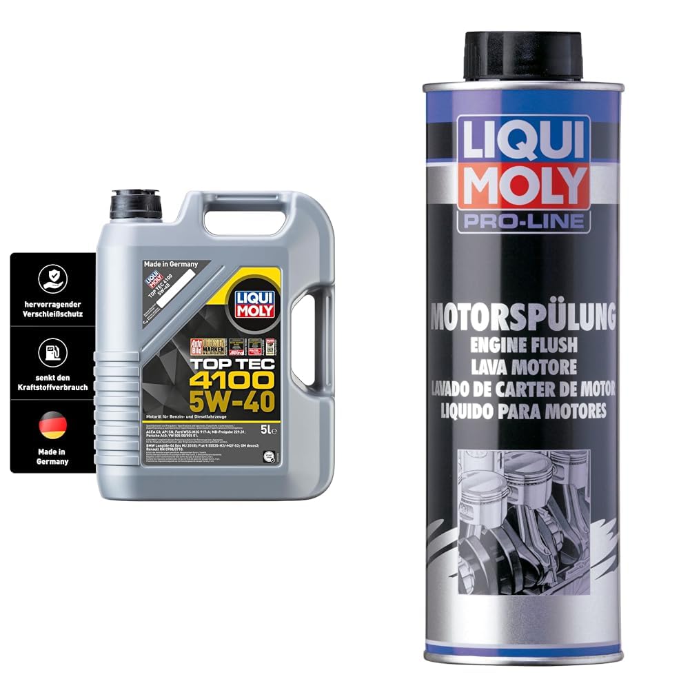LIQUI MOLY Top Tec 4100 5W-40 | 5 L | Synthesetechnologie Motoröl | Art.-Nr.: 3701 & Pro-Line Motorspülung | 500 ml | Öladditiv | Art.-Nr.: 2427 von Liqui Moly