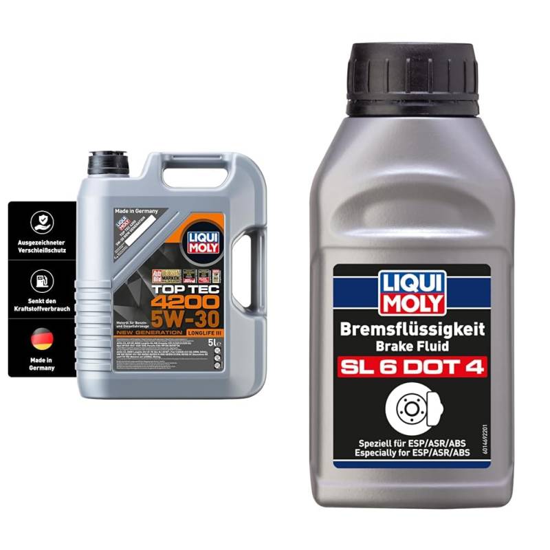 LIQUI MOLY Top Tec 4200 5W-30 New Generation | 5 L | Synthesetechnologie Motoröl | Art.-Nr.: 3707 & Bremsflüssigkeit SL6 DOT 4 | 250 ml | Bremsflüssigkeit | Art.-Nr.: 21166 von Liqui Moly