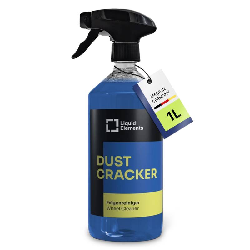 Liquid Elements – Felgenreiniger Dust Cracker 1 Liter – Auto Reiniger für alle Felgentypen wie Alufelgen & Stahlfelgen – säurefreier Reiniger mit Wirkindikator – entfernt hartnäckige Verschmutzungen von Liquid Elements