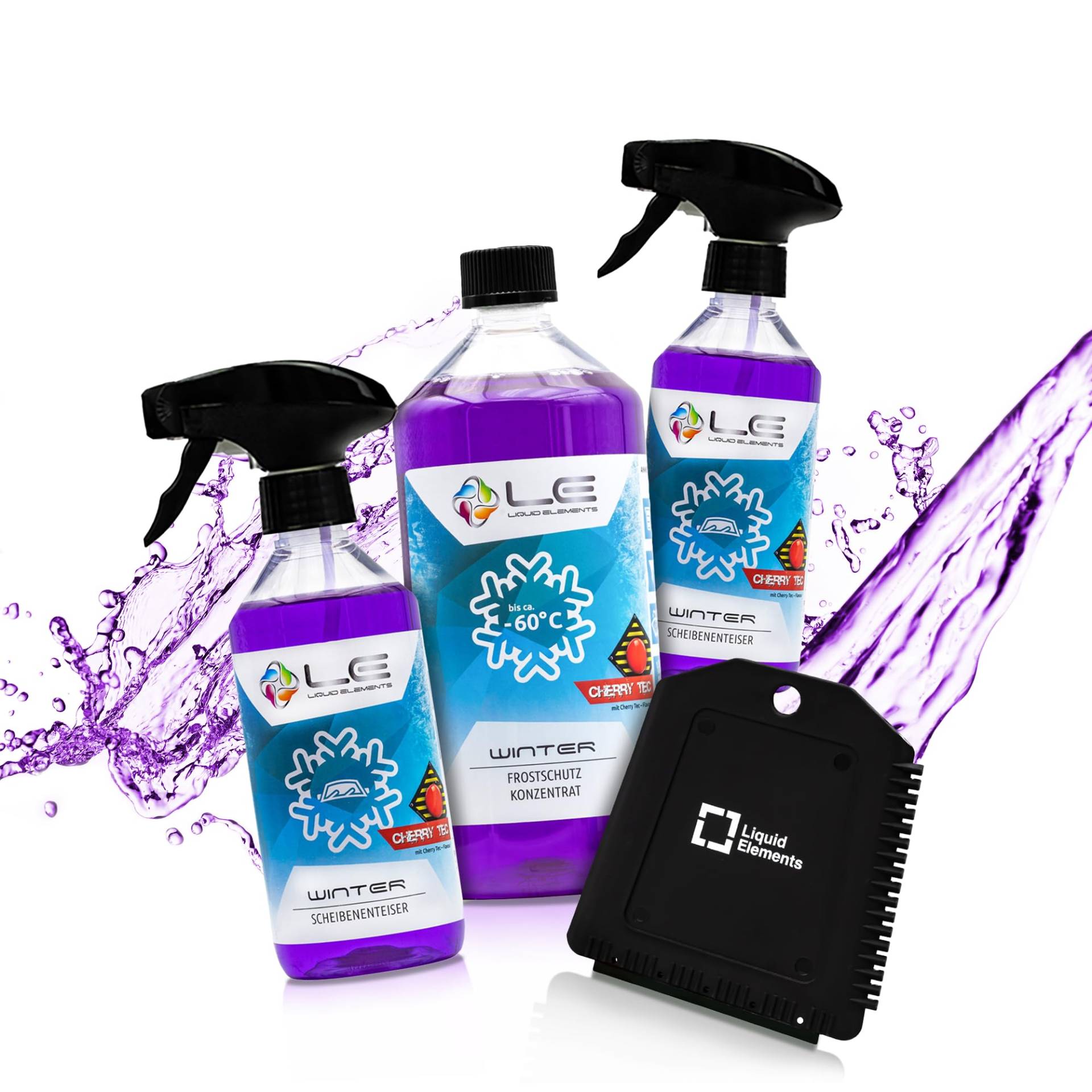 Liquid Elements – Scheibenfrostschutz Winter Set mit 1x Frostschutzmittel, 2X Enteiserspray & 1x Eiskratzer – Auto Enteiser Zubehör für effektiven Frostschutz an kalten Tagen (Cherry Tec) von Liquid Elements