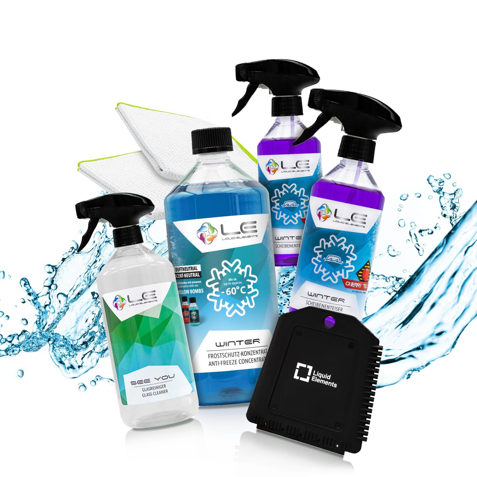 Liquid Elements – Scheibenfrostschutz Winter Set mit 1x Frostschutzmittel, 2X Enteiserspray, 2X Mikrofasertücher, 1x Glasreiniger & 1x Eiskratzer – Auto Enteiser Zubehör (Duftneutral) von Liquid Elements