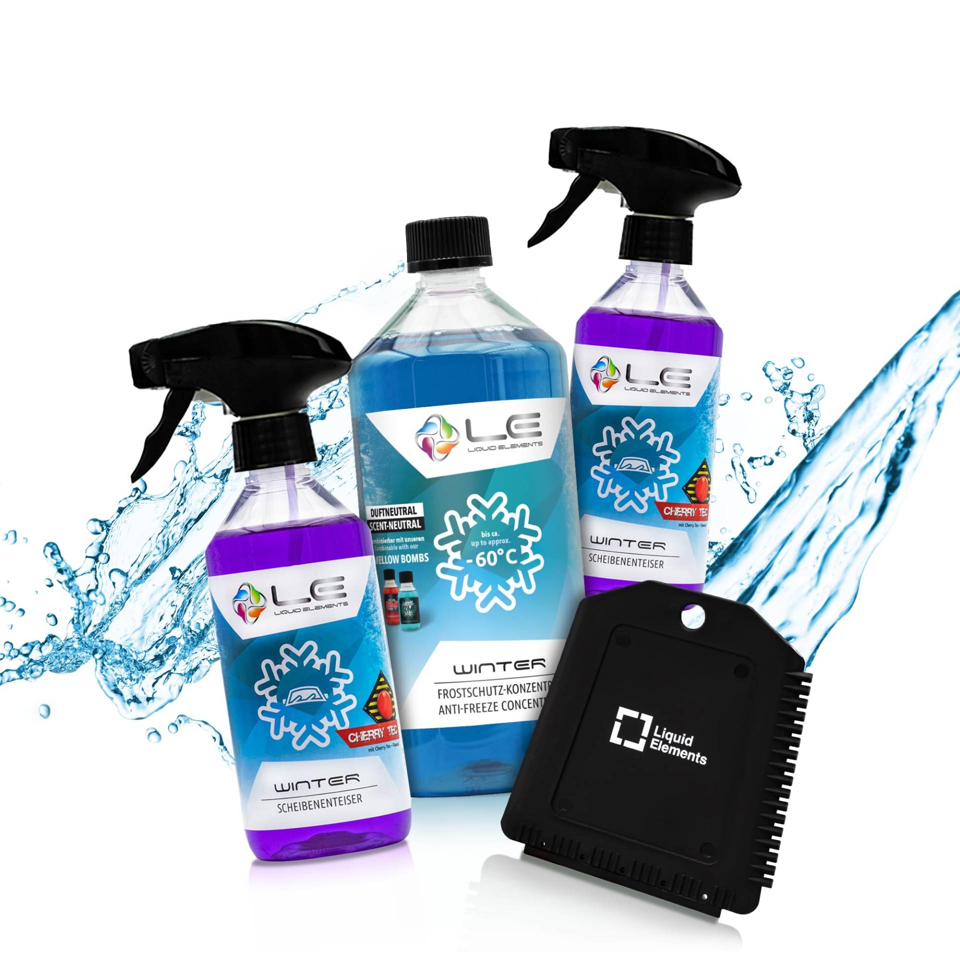 Liquid Elements – Scheibenfrostschutz Winter Set mit 1x Frostschutzmittel, 2X Enteiserspray & 1x Eiskratzer – Auto Enteiser Zubehör für effektiven Frostschutz an kalten Tagen (Duftneutral) von Liquid Elements