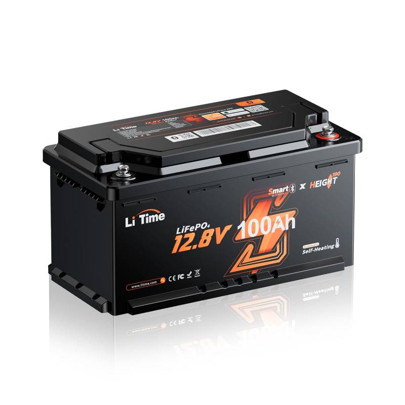 LiTime LiFePO4 12V 100Ah Bluetooth Lithium Batterie für Wohnmobil DIN H8 L5 Größe, 15000 Zyklen Lithium Batterie mit, 200A BMS, 2C Entladung, Smart Heizung, IP65 Wasserdicht & Kälteschutz von Litime